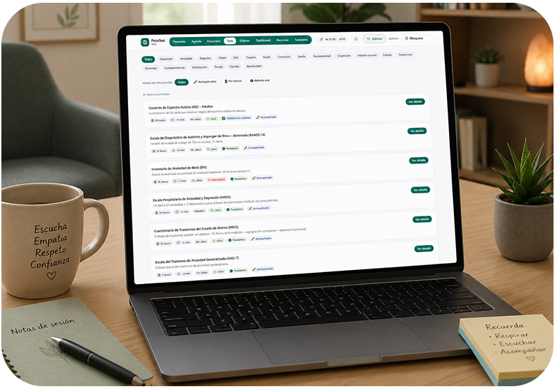 Plataforma PsicoTest Pro mostrada en una laptop sobre un escritorio de consultorio