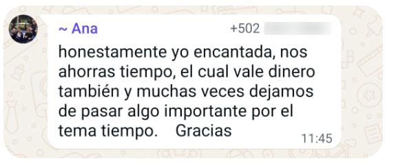 Mensaje de WhatsApp de Ana sobre el ahorro de tiempo