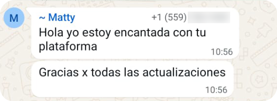 Mensaje de WhatsApp de Matty agradeciendo la plataforma