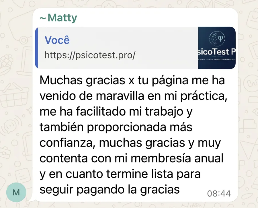 Mensaje de WhatsApp de Matty sobre PsicoTest Pro